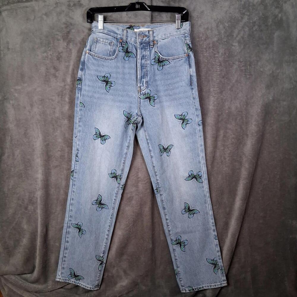 PacSun Dad Jean Womens 26 High Rise Button Fly Butterfly Print Light Wash Casual